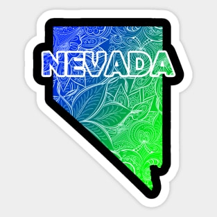 Colorful mandala art map of Nevada with text in blue and green Sticker